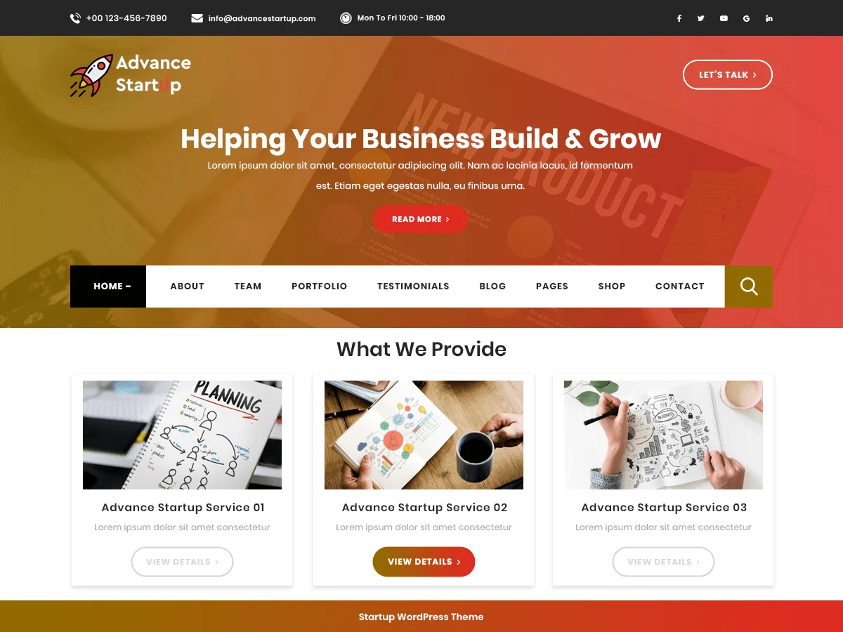 Advance Startup web sitesi teması önizlemesi