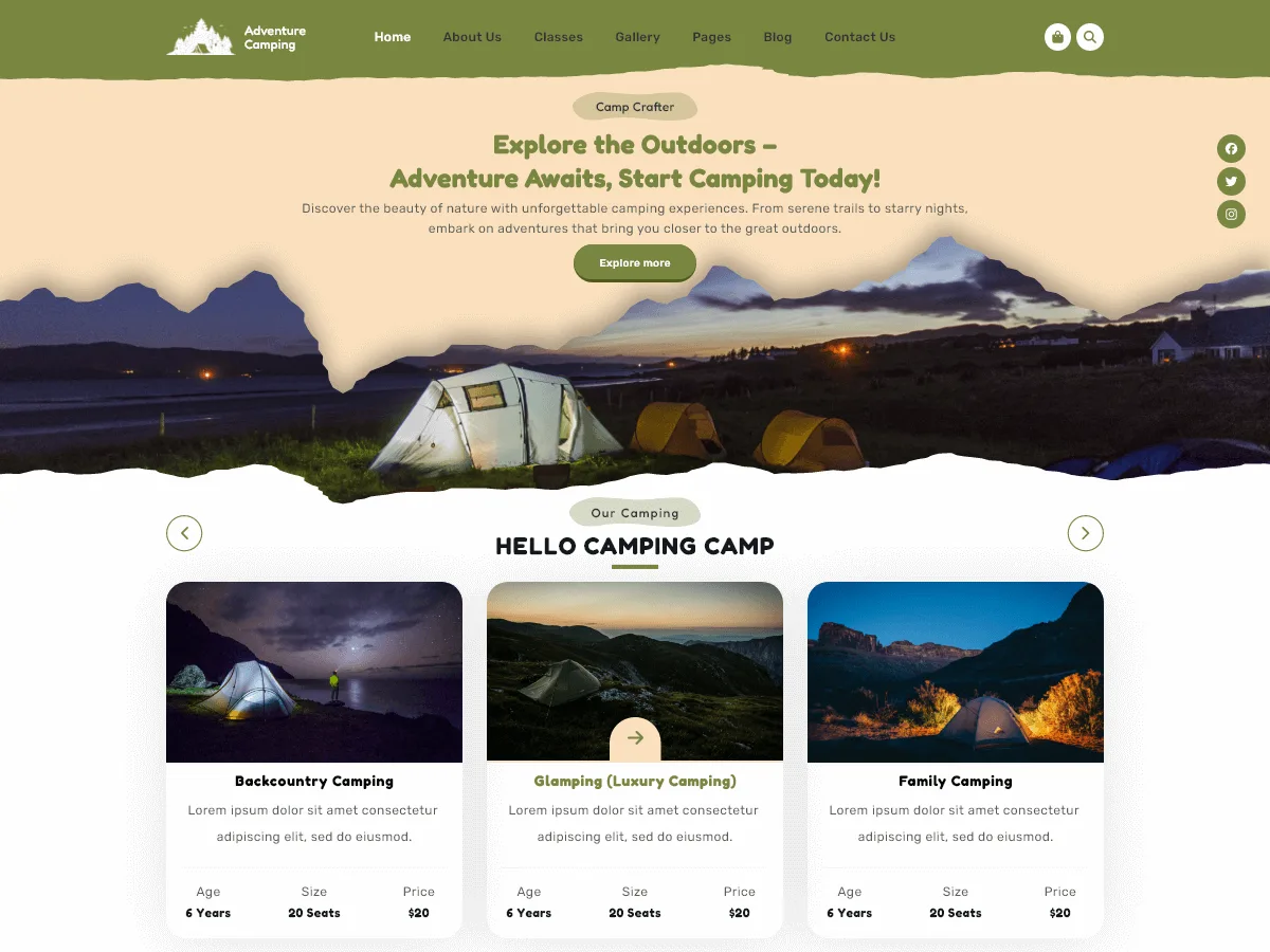 Adventure Camping web sitesi teması ile doğa ve macera temalı bir web sitesi tasarımı