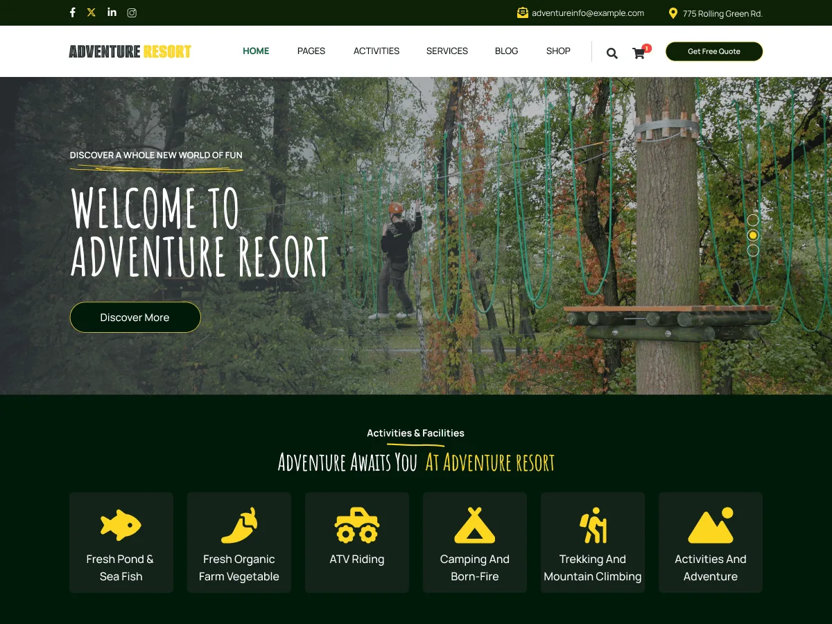 Adventure Resort teması ile macera turizmi web sitesi tasarımı