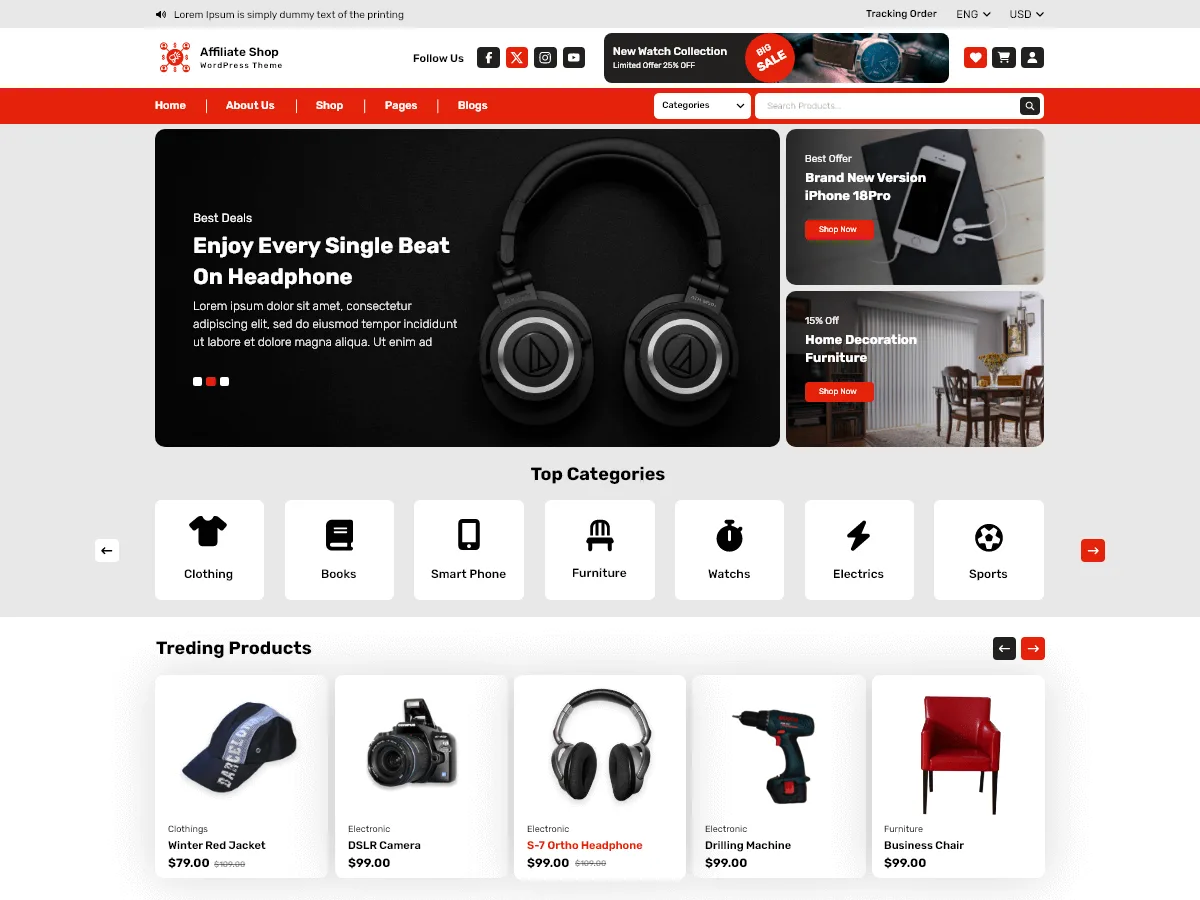 Affiliate Store teması ile oluşturulmuş örnek bir affiliate pazarlama web sitesi görünümü