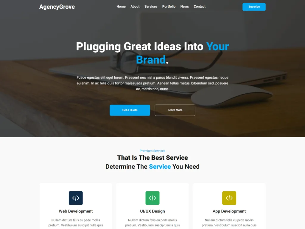 AgencyGrove web sitesi teması ile kurumsal bir web sitesi görünümü