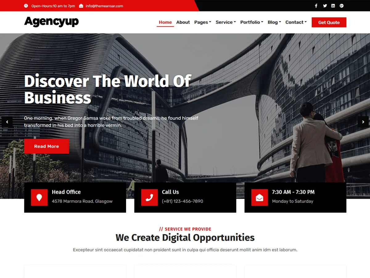 Agencyup web sitesi teması ile kurumsal bir web sitesi görünümü