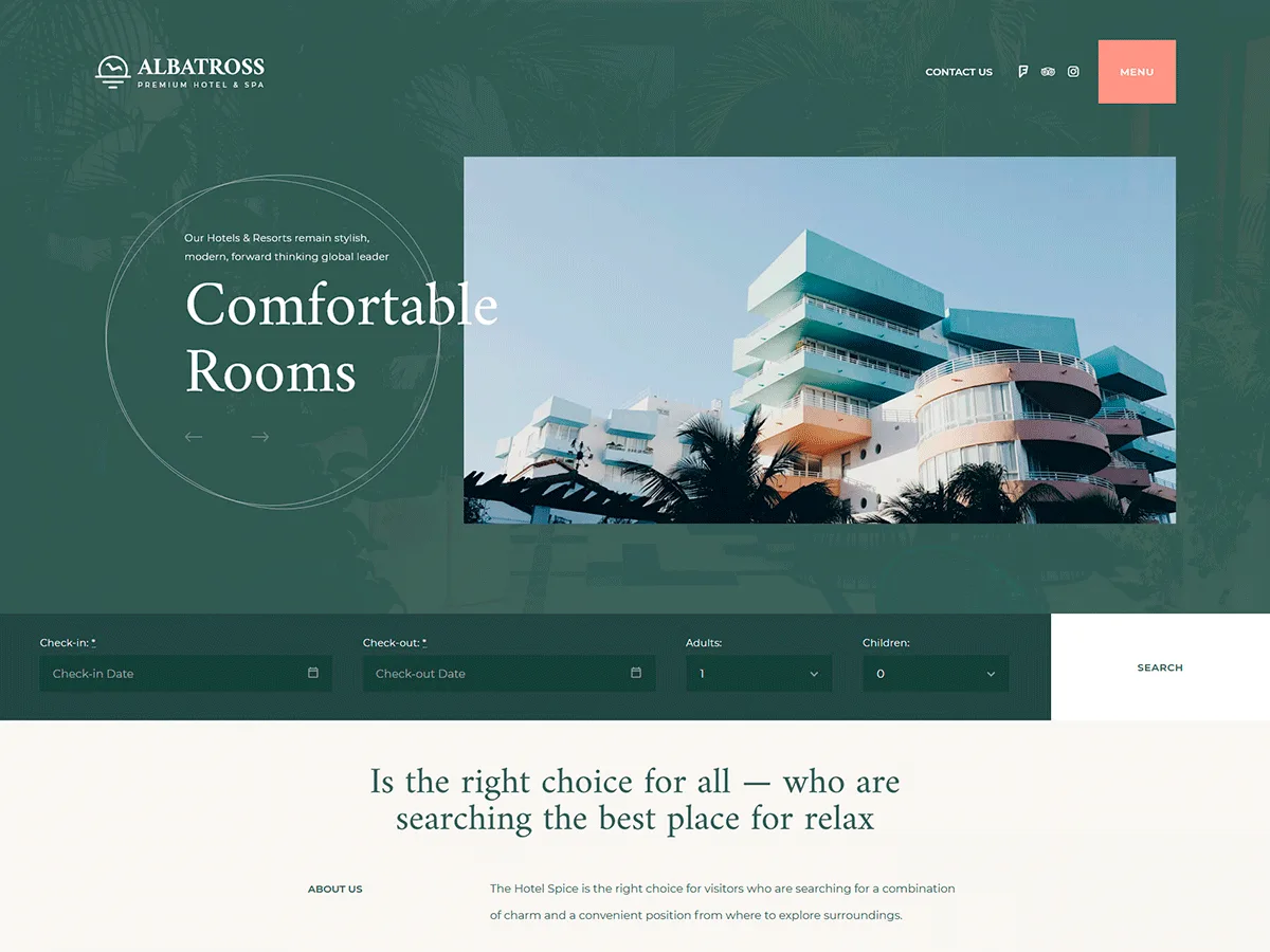 Albatross web sitesi teması ile otel rezervasyon sitesi görünümü