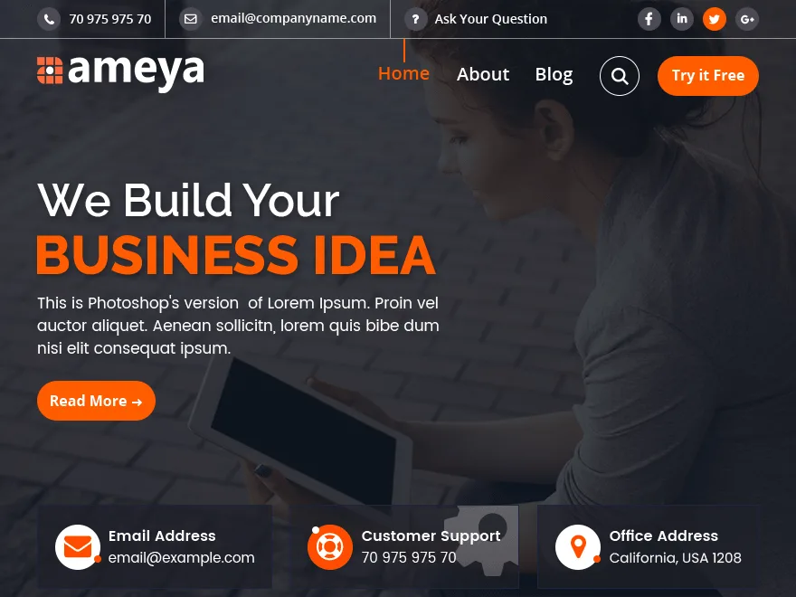 Ameya web sitesi teması ile oluşturulmuş modern bir web sitesi görünümü