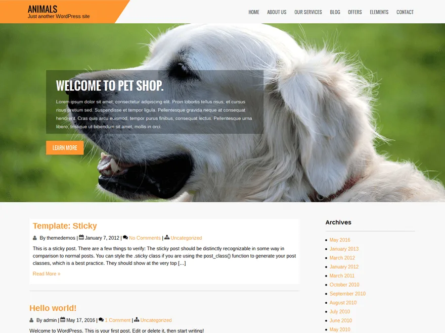Animals web sitesi temasının duyarlı tasarımı