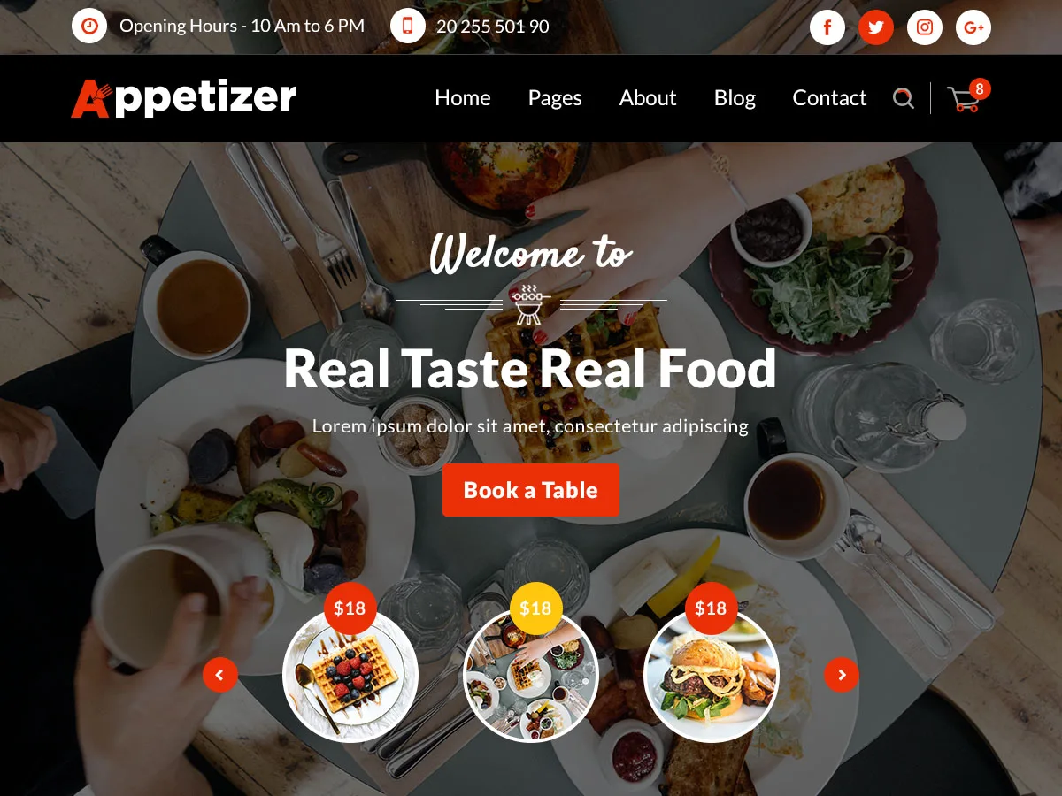 Appetizer web sitesi teması ile restoran ve kafe siteleri için modern tasarım örneği