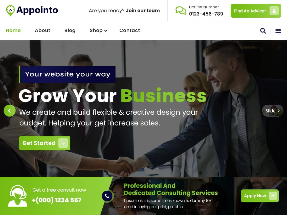 Appointo web sitesi teması ile modern ve renkli bir işletme sitesi görünümü
