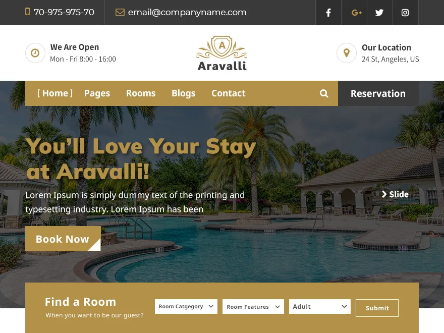 Aravalli teması ile tasarlanmış modern bir konaklama web sitesi görünümü