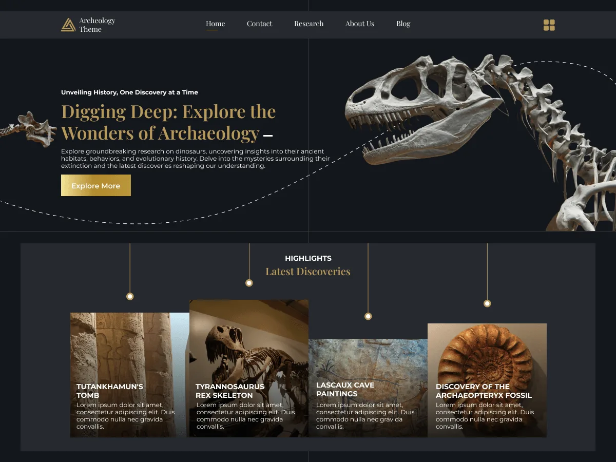 Archaeology Museums web sitesi teması ile müze vitrini