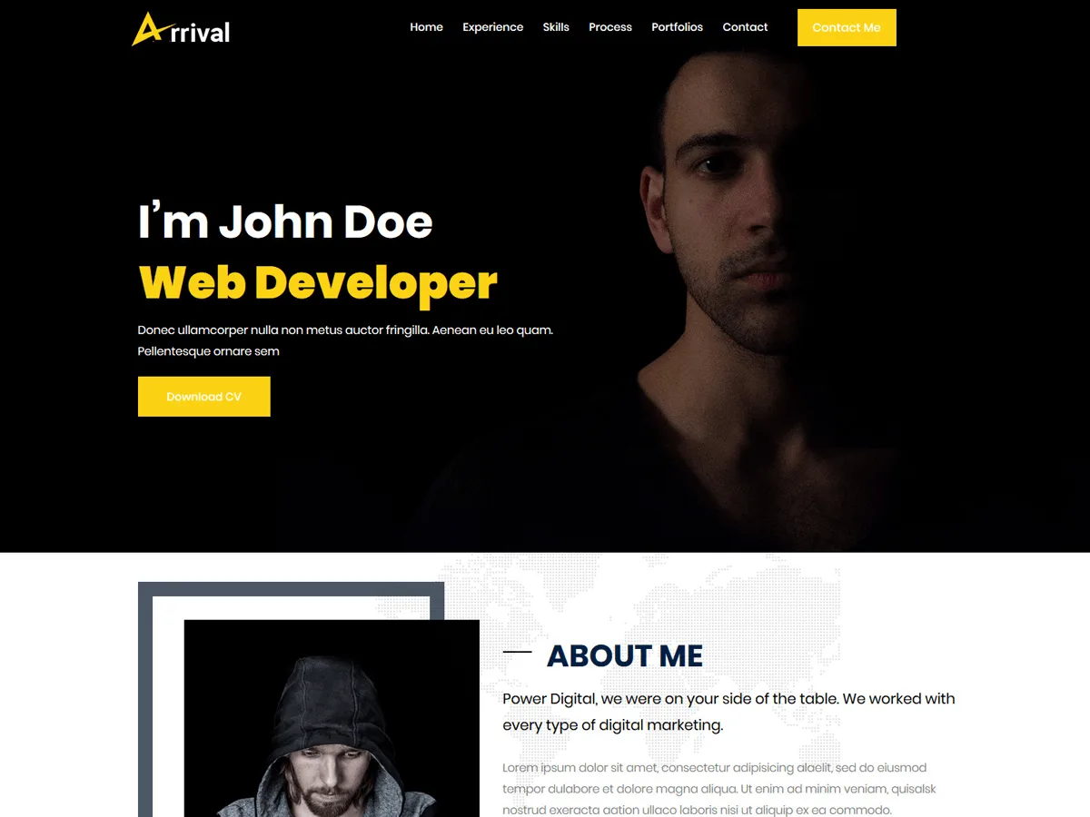 Arrival Me web sitesi teması ile kişisel portfolyo örneği