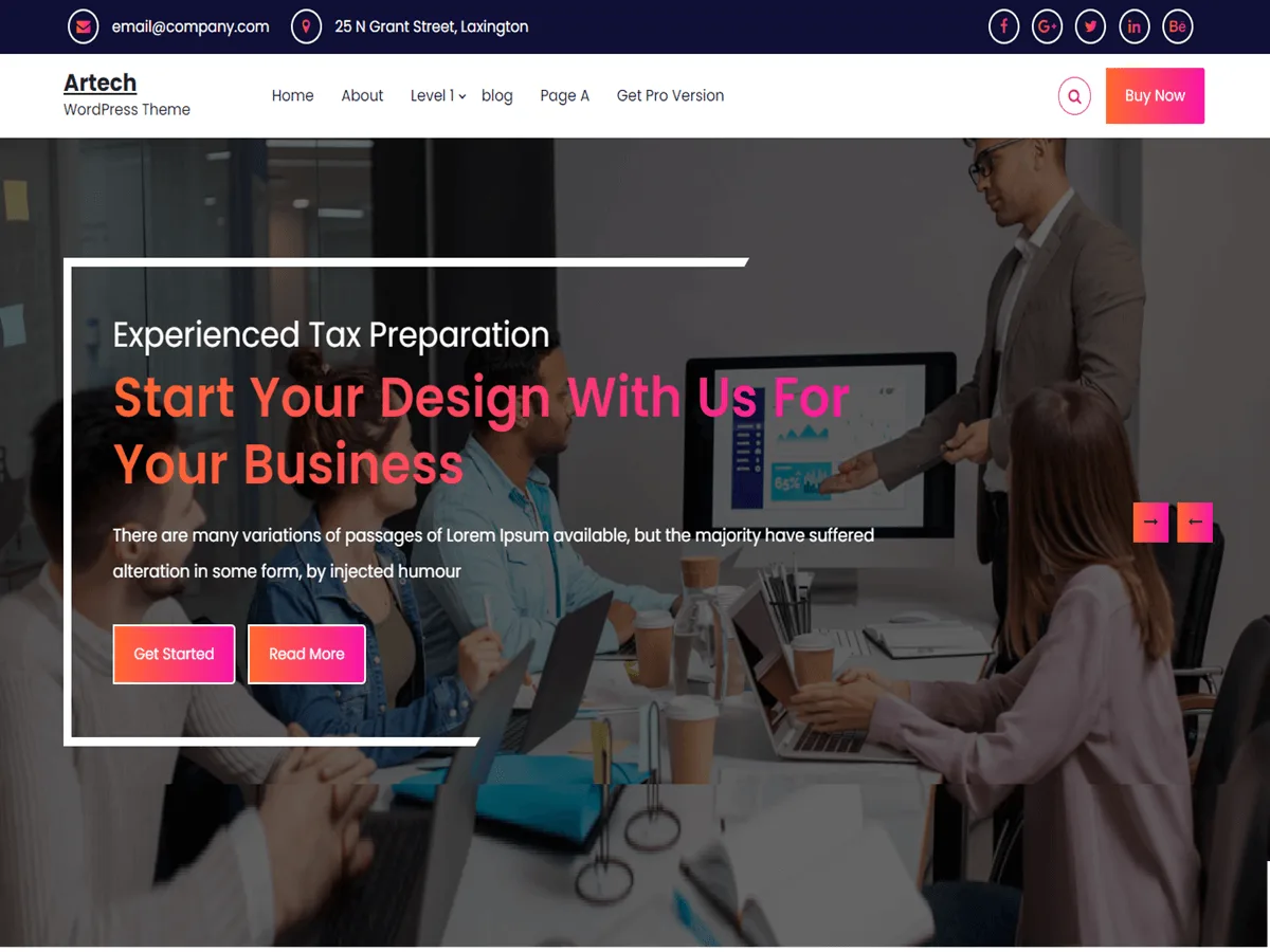 Artech web sitesi teması ile oluşturulmuş profesyonel bir işletme web sitesi görünümü
