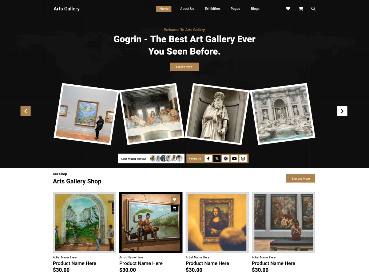 Artist Art Gallery teması ile oluşturulmuş sanat galerisi web sitesi görünümü