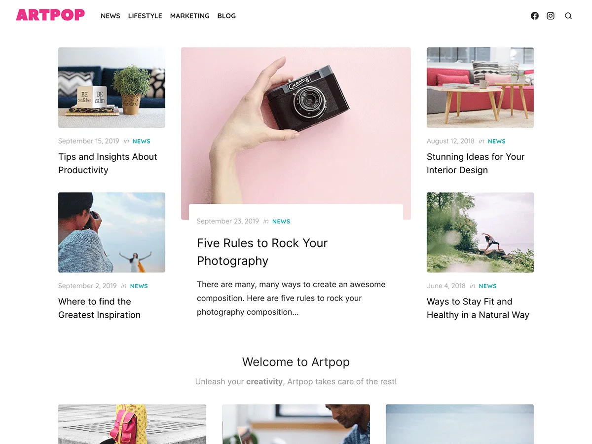 Artpop web sitesi teması ile oluşturulmuş örnek bir web sitesi görünümü