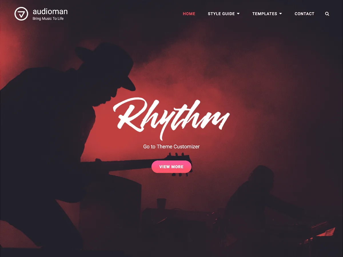 Audioman müzik teması ile oluşturulmuş modern bir web sitesi görünümü