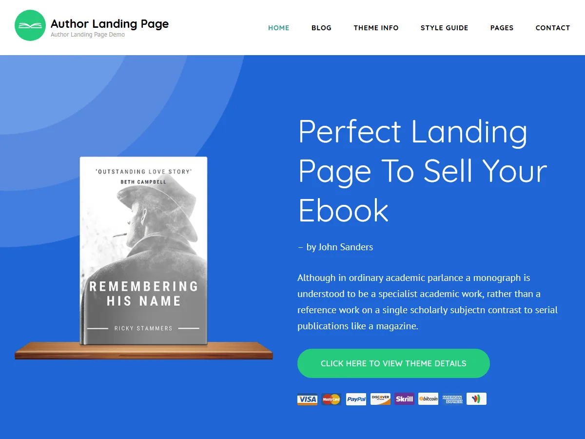 Author Landing Page web sitesi teması ile kitap tanıtım sayfası örneği