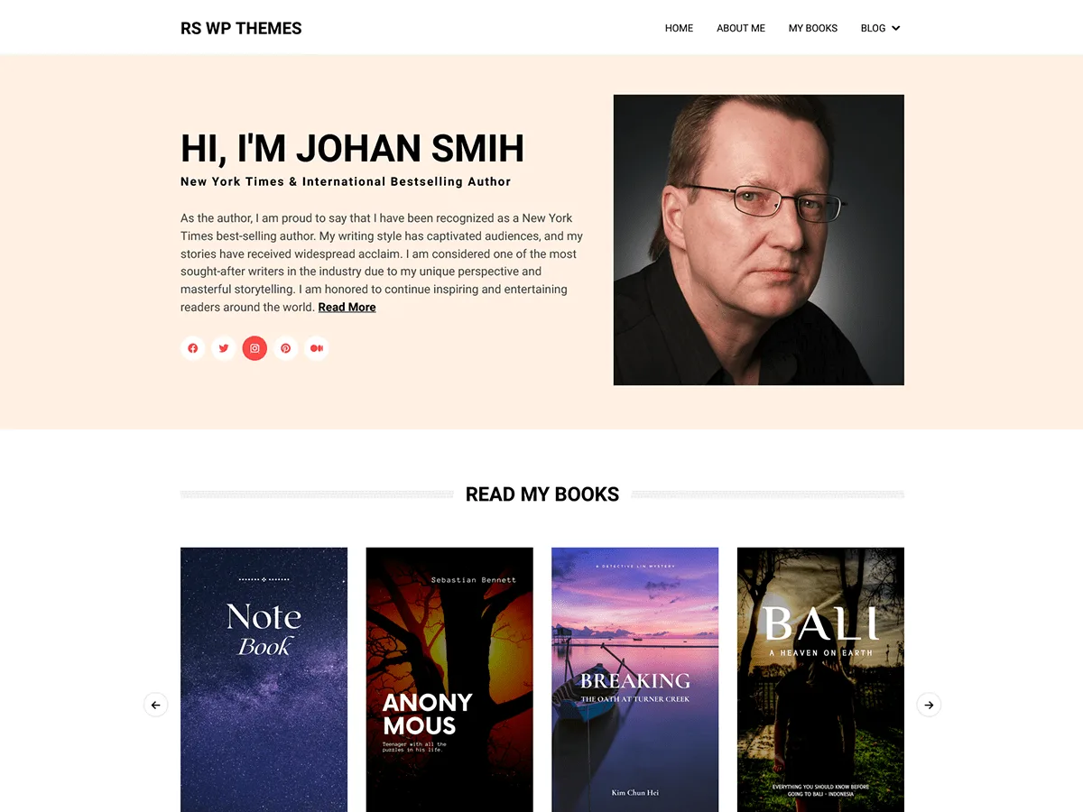 Author Personal Blog web sitesi teması ile kitap tanıtım sayfası örneği