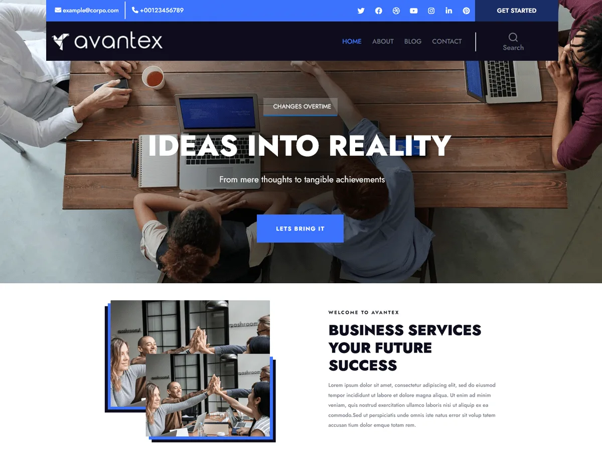 Avantex web sitesi teması ile tasarlanmış modern bir web sitesi görünümü
