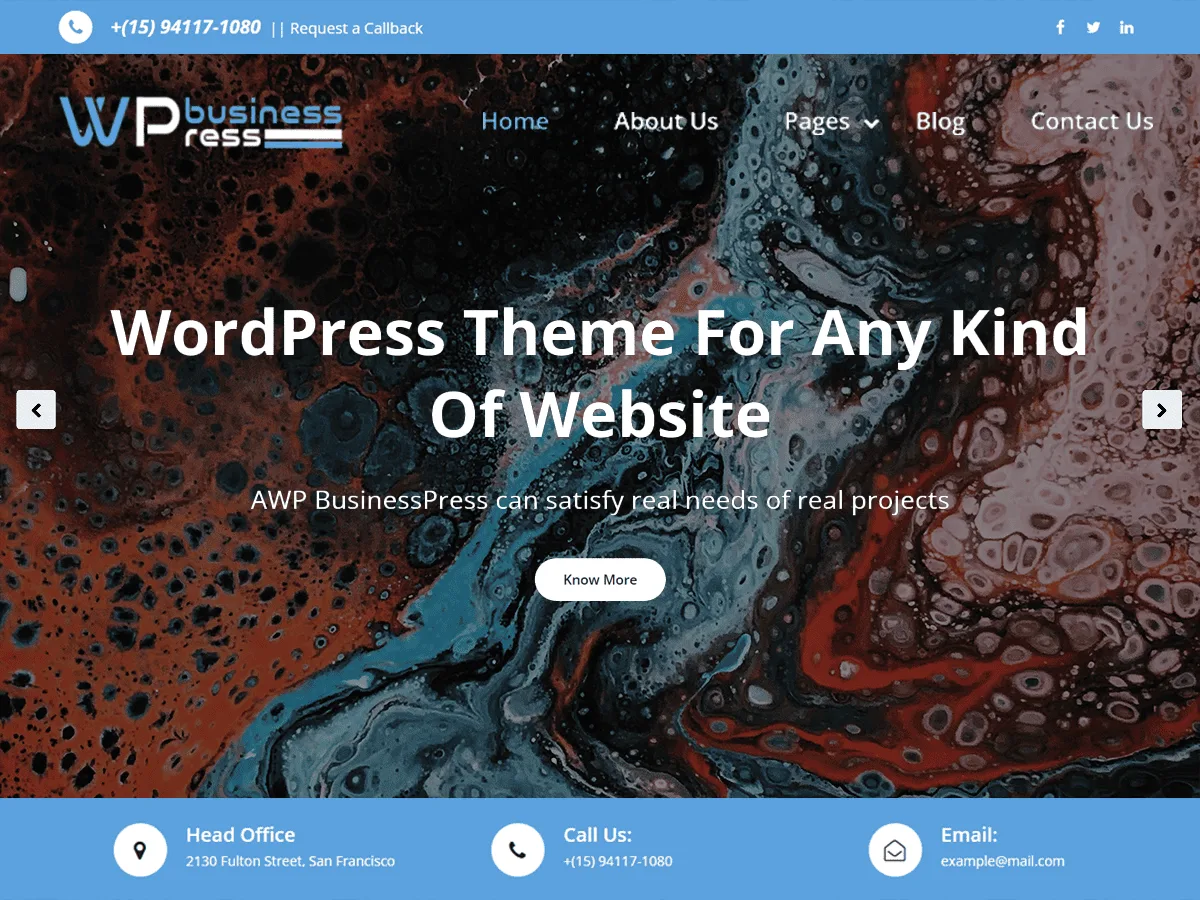 AwpBusinessPress web sitesi teması ile oluşturulmuş işletme web sitesi görünümü