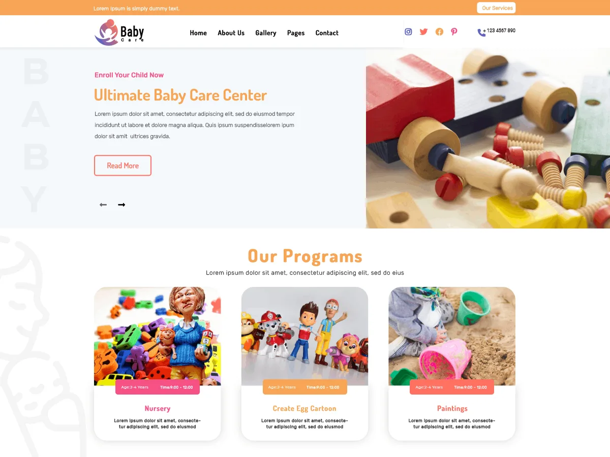 Babysitting Day Care web sitesi teması ile kreş ve çocuk bakım hizmetleri için modern bir web sitesi görünümü
