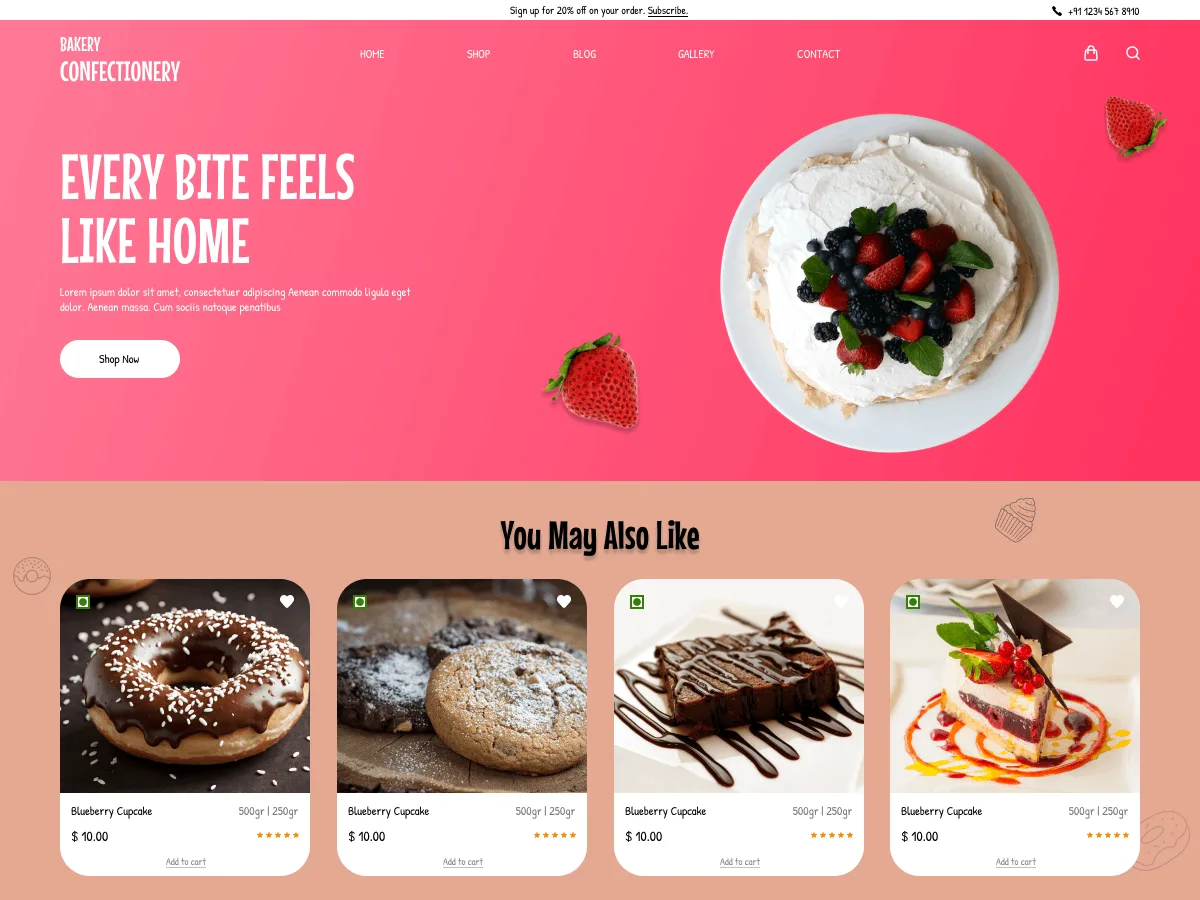 Bakery Confectionery teması ile tasarlanmış fırın ve pastane web sitesi görünümü