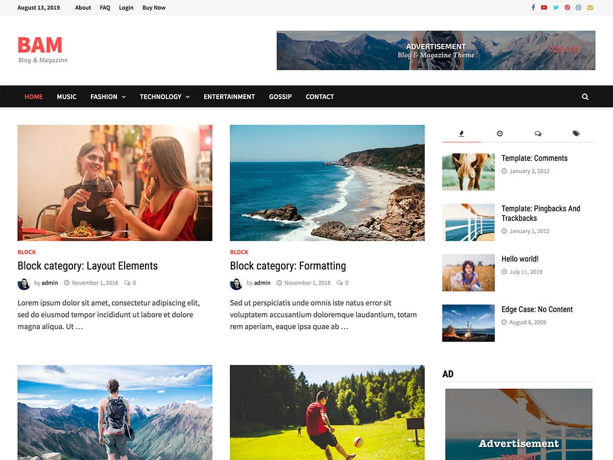 Bam web sitesi teması ile blog sitesi görünümü
