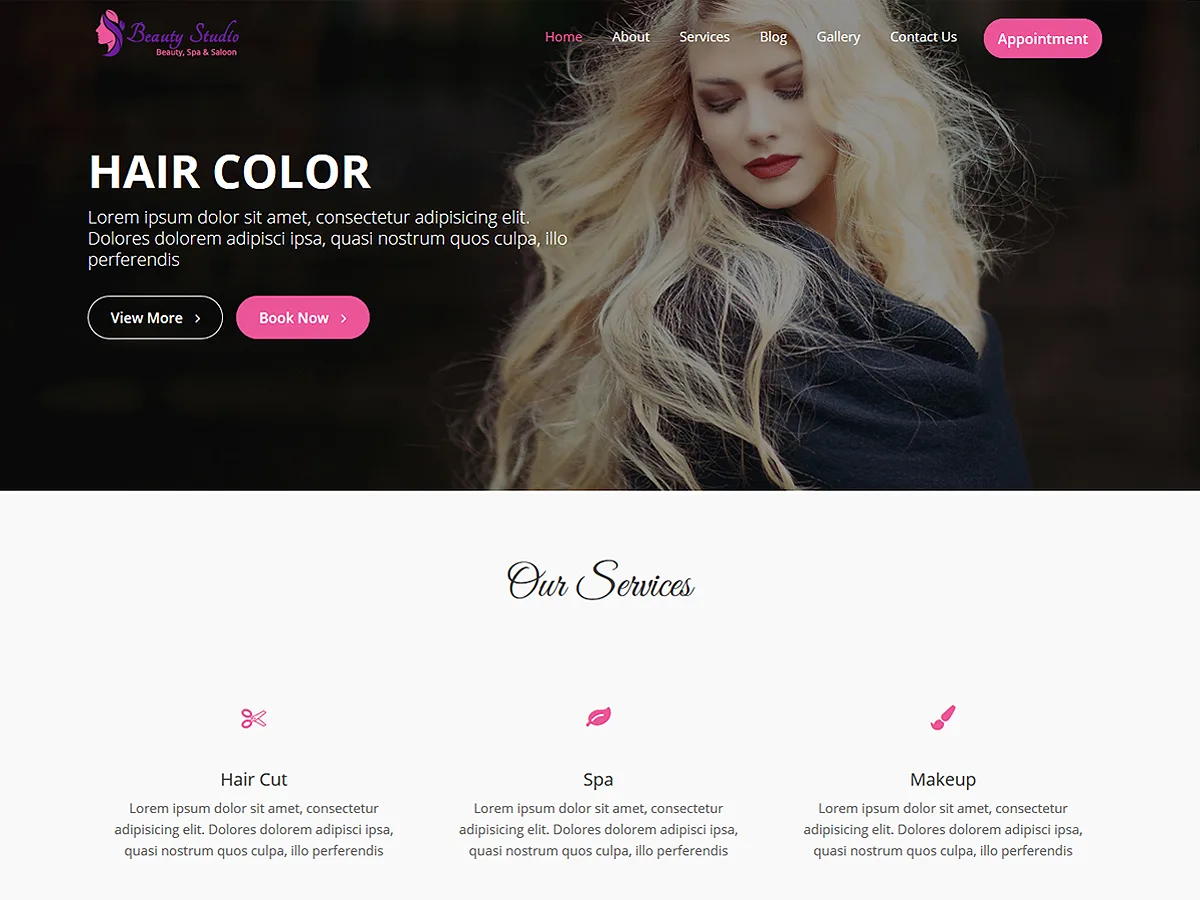 Beauty Studio web sitesi teması ile güzellik salonu web sitesi görünümü