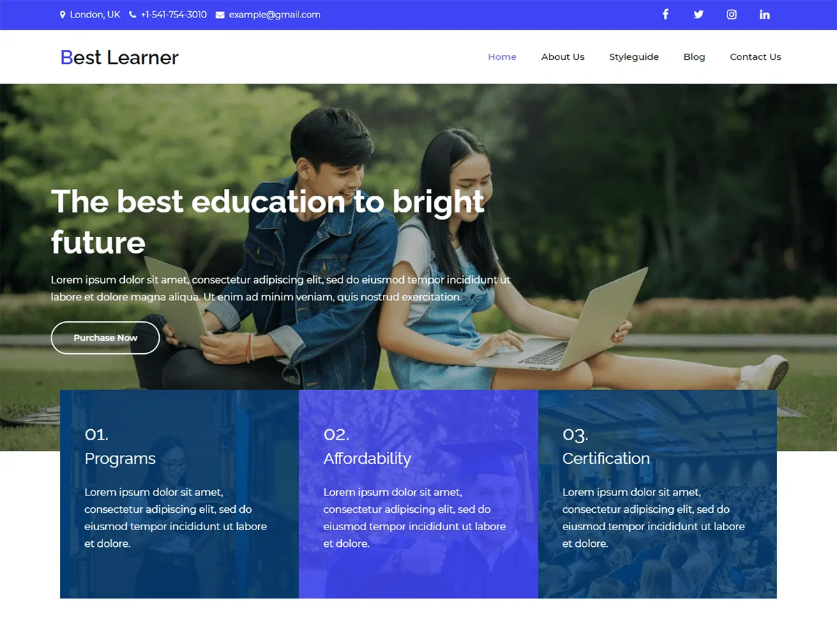 Best Learner eğitim web sitesi teması önizlemesi
