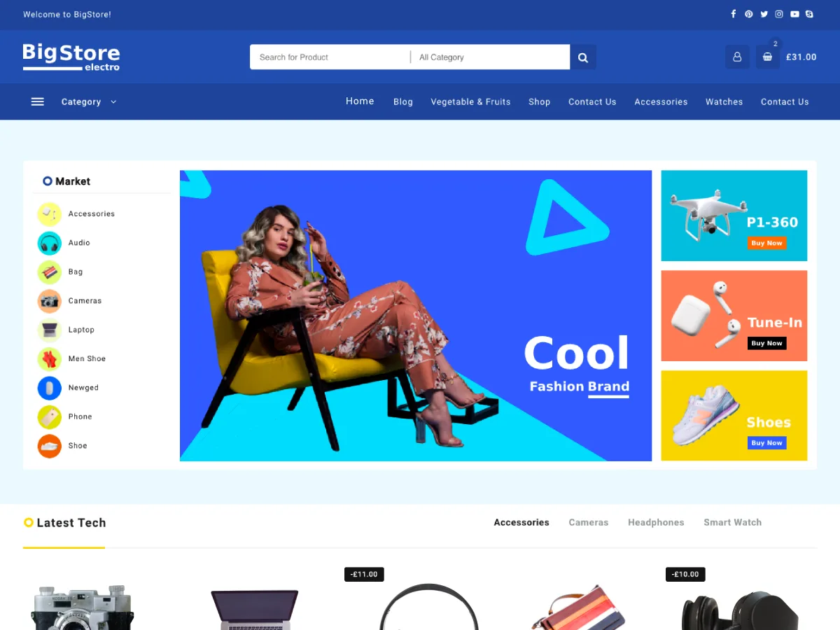Big Store web sitesi teması ile oluşturulmuş bir e-ticaret sitesi görünümü