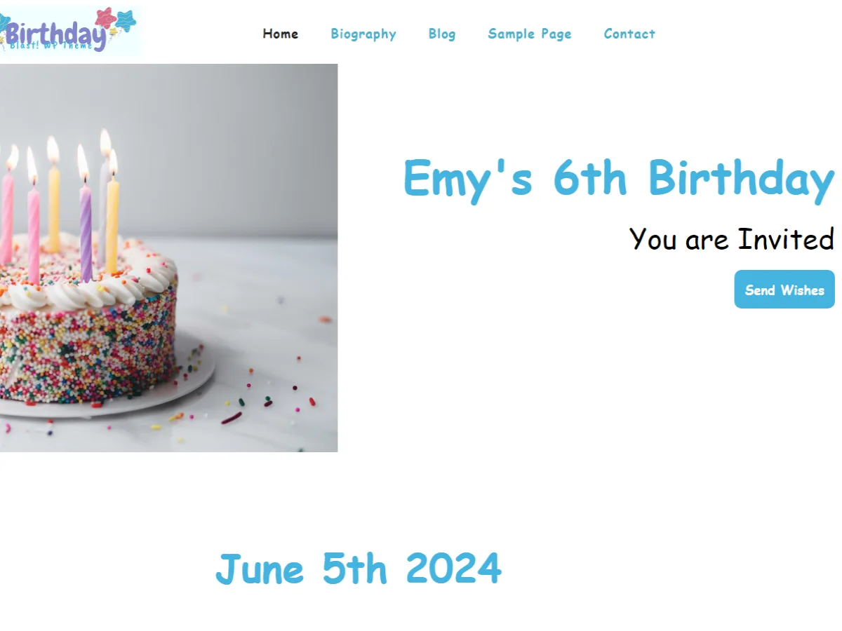Birthday Blast web sitesi teması ile doğum günü etkinlik sayfası tasarımı