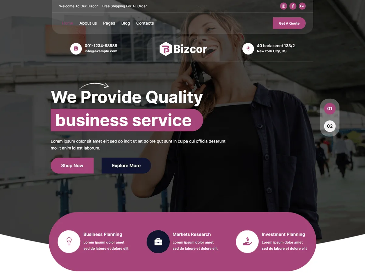 Bizcor modern işletme web sitesi teması önizlemesi