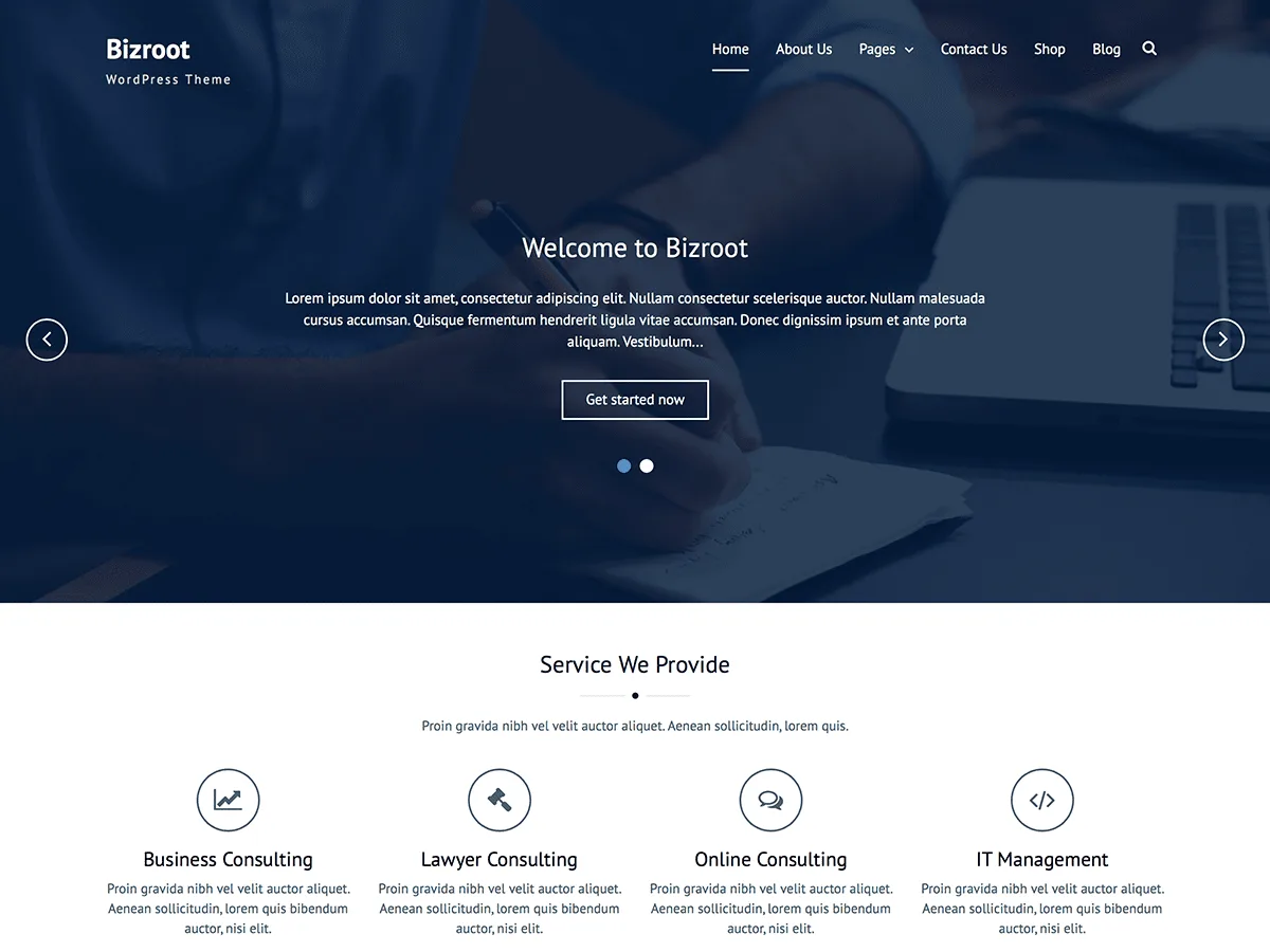 Bizroot web sitesi teması ile kurumsal bir web sitesi görünümü