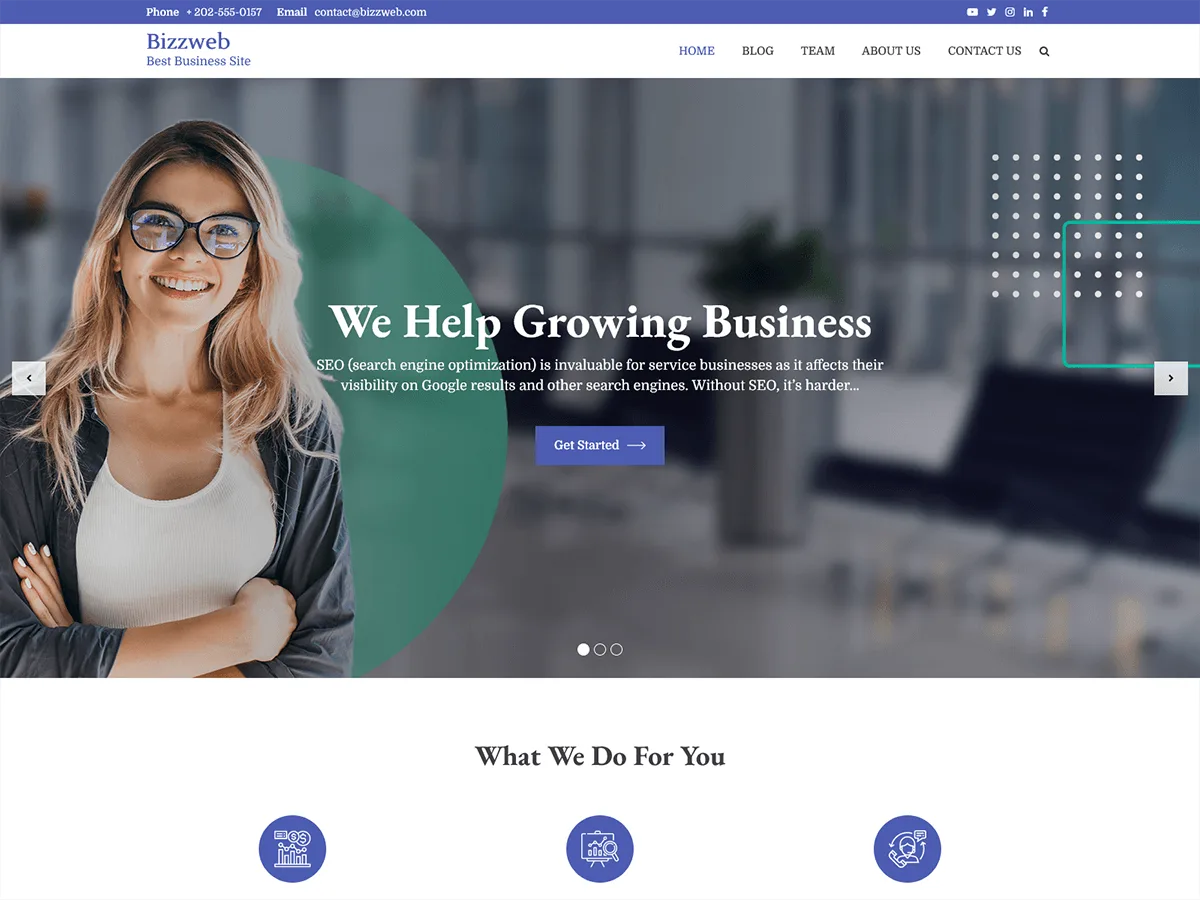 Bizzweb web sitesi teması ile oluşturulmuş profesyonel bir işletme web sitesi görünümü