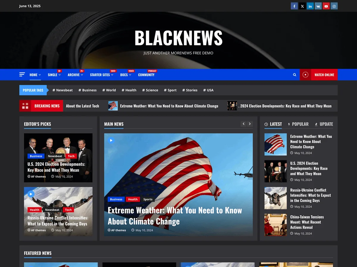 BlackNews koyu temalı web sitesi teması