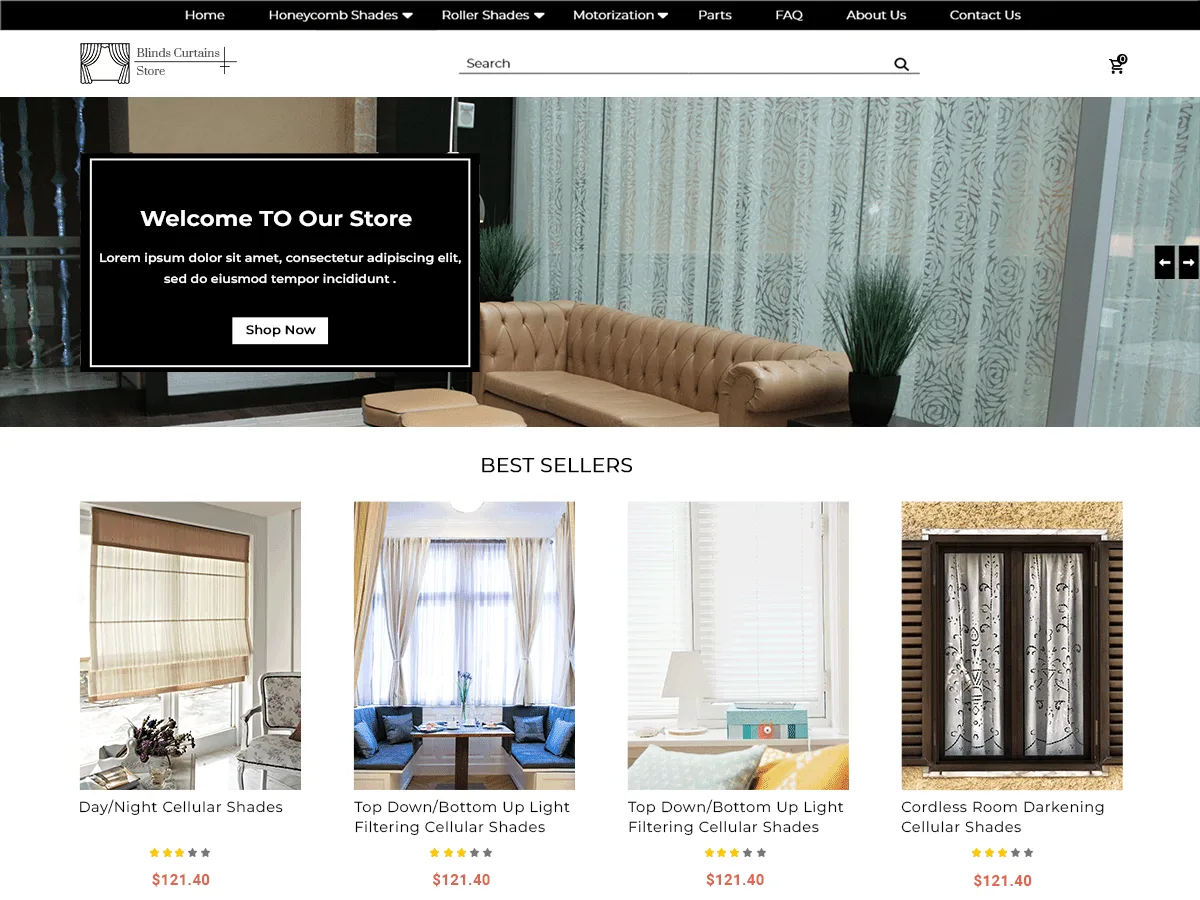 Blinds Curtains web sitesi teması ile perde ve stor perde mağazası için şık bir tek sayfalık site görünümü