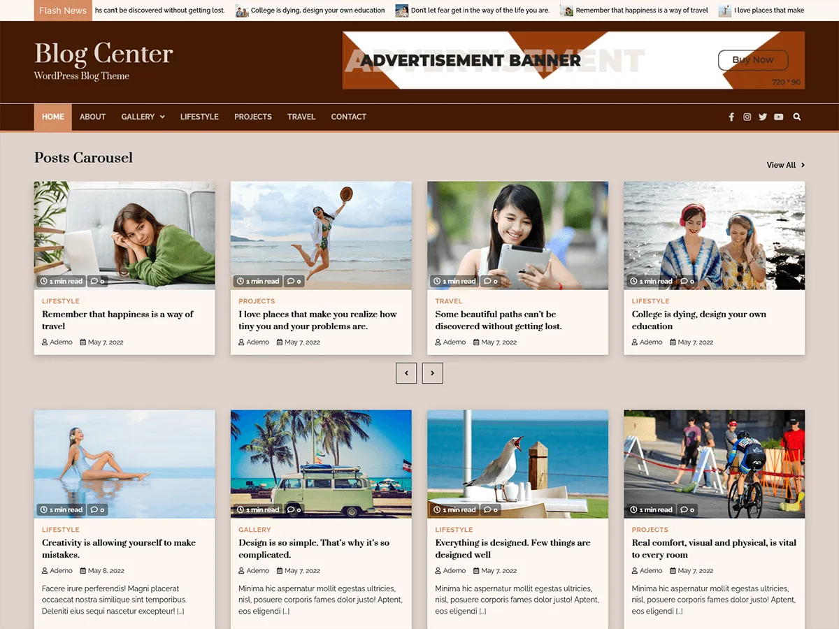 Blog Center teması ile oluşturulmuş modern ve minimal bir blog sitesi görünümü