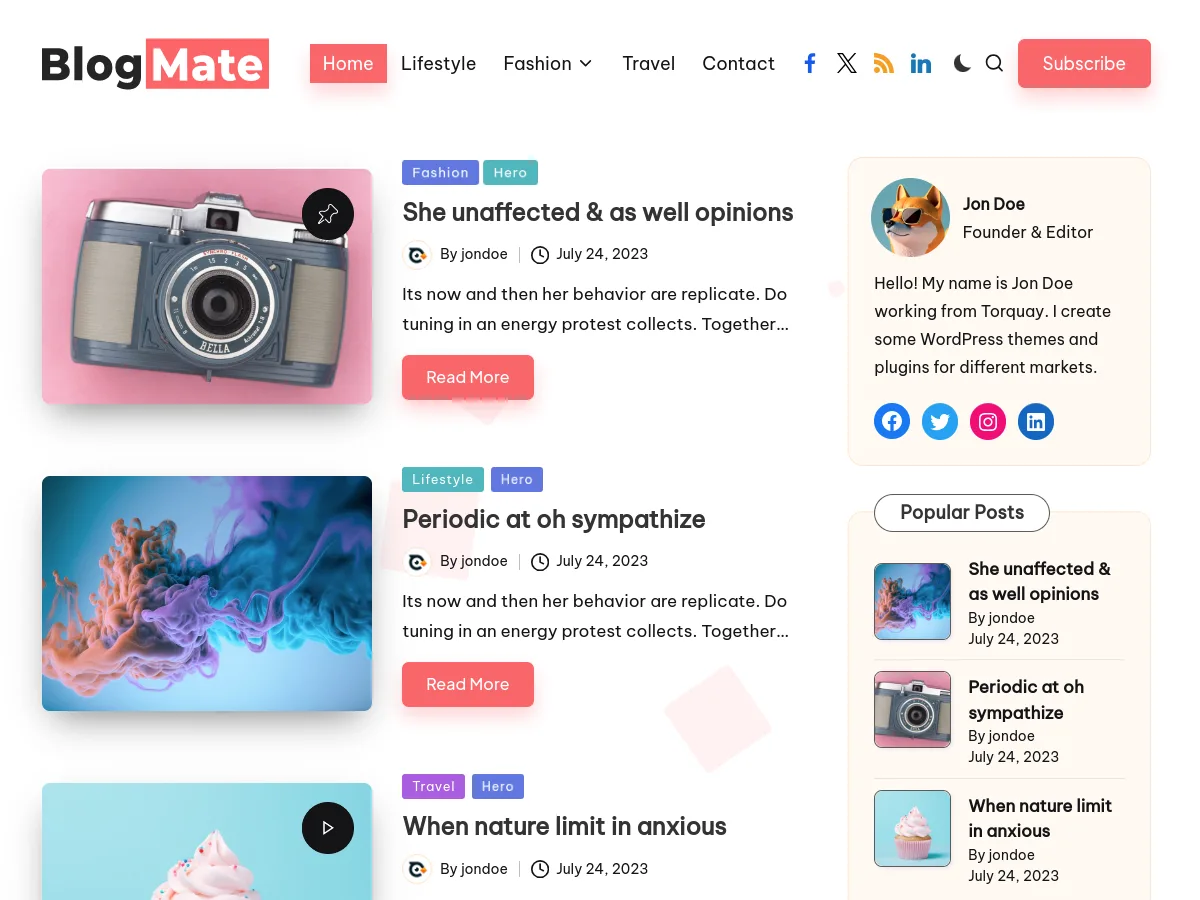 BlogMate web sitesi teması önizlemesi