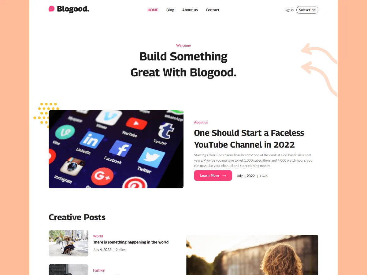 Blogood web sitesi teması ile oluşturulmuş modern bir blog görünümü