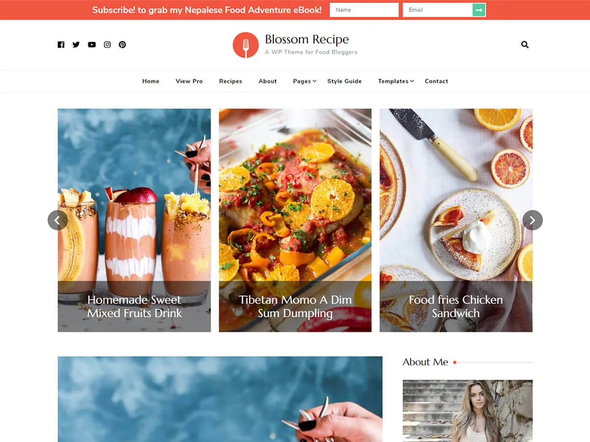 Blossom Recipe teması ile oluşturulmuş yemek tarifi blogu görünümü