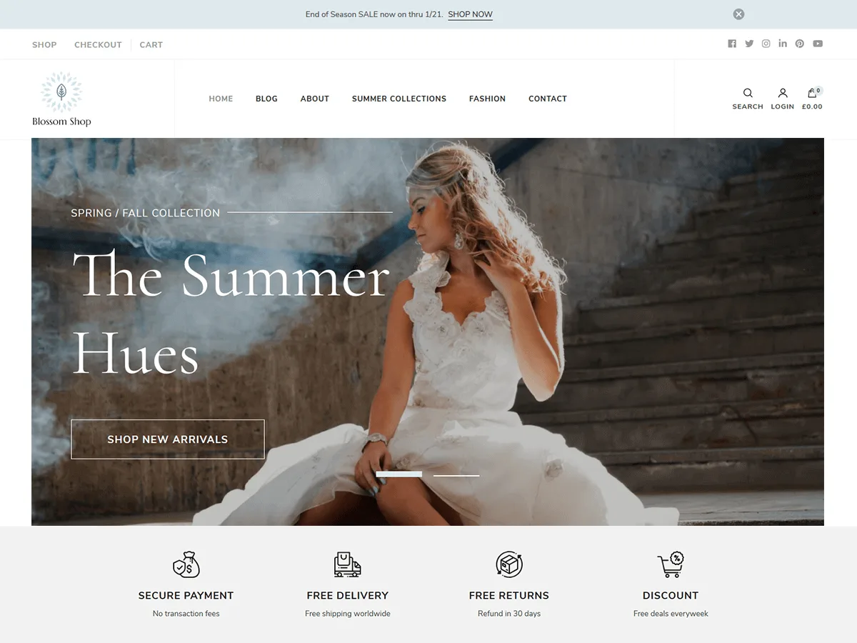 Blossom Shop web sitesi teması ile oluşturulmuş çevrimiçi mağaza görünümü