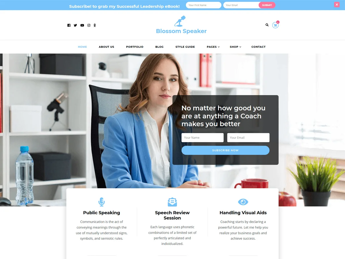Blossom Speaker web sitesi teması ile oluşturulmuş örnek bir web sitesi görünümü