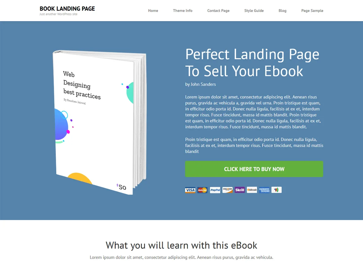 Book Landing Page web sitesi teması ile kitap tanıtım sayfası örneği