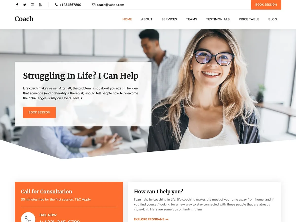 Bootstrap Coach teması ile oluşturulmuş yaşam koçluğu web sitesi görünümü
