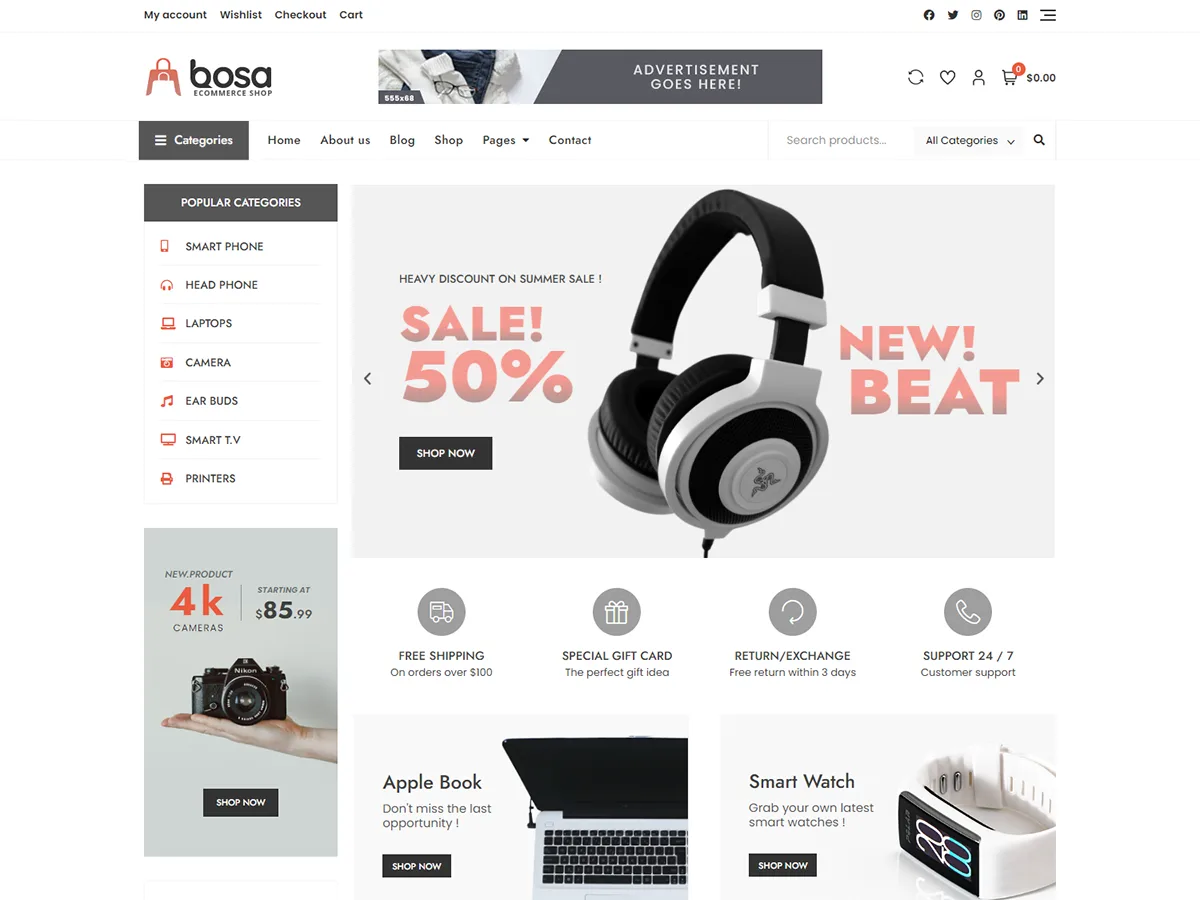 Bosa Ecommerce Shop web sitesi teması ile oluşturulmuş bir e-ticaret sitesi görseli