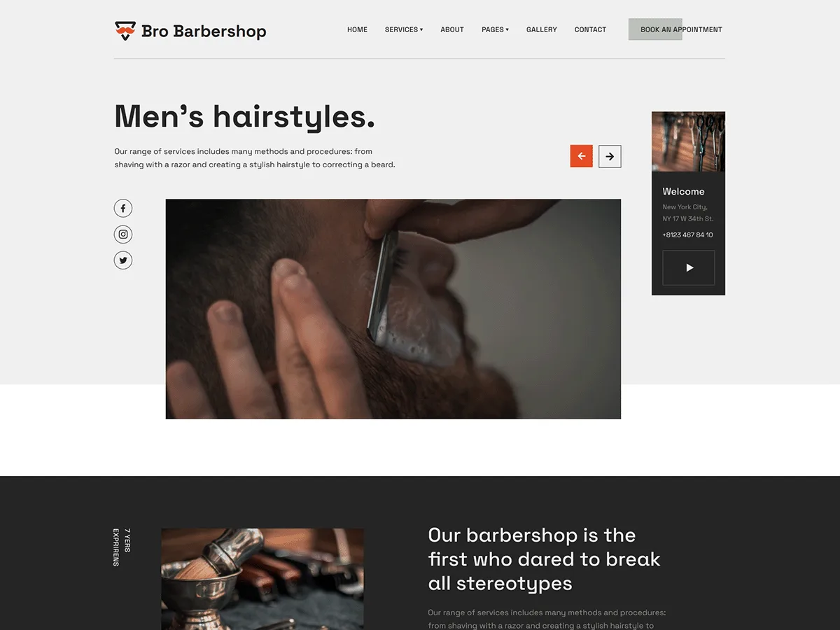 Bro Barbershop web sitesi teması ile berber salonu web sitesi görünümü
