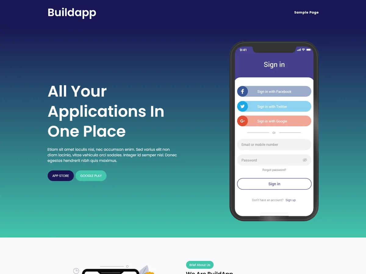 Buildapp web sitesi teması ile uygulama tanıtım sayfası örneği