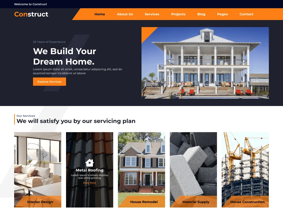 Building Contractor web sitesi teması ile inşaat firması web sitesi görünümü