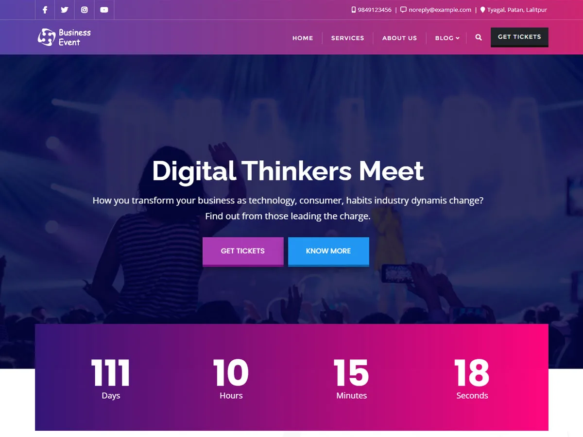 Business Event teması ile kurumsal etkinlik web sitesi görünümü