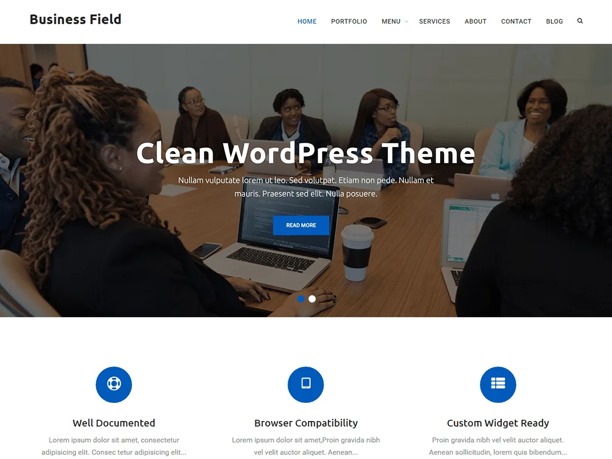 Business Field web sitesi teması ile kurumsal bir web sitesi görünümü