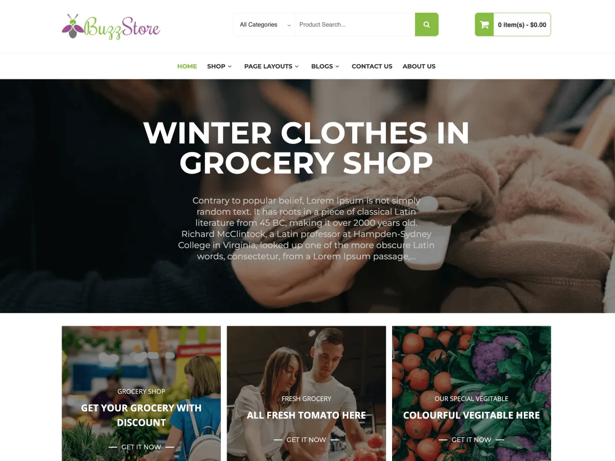 BuzzStore web sitesi teması ile oluşturulmuş çevrimiçi mağaza görünümü