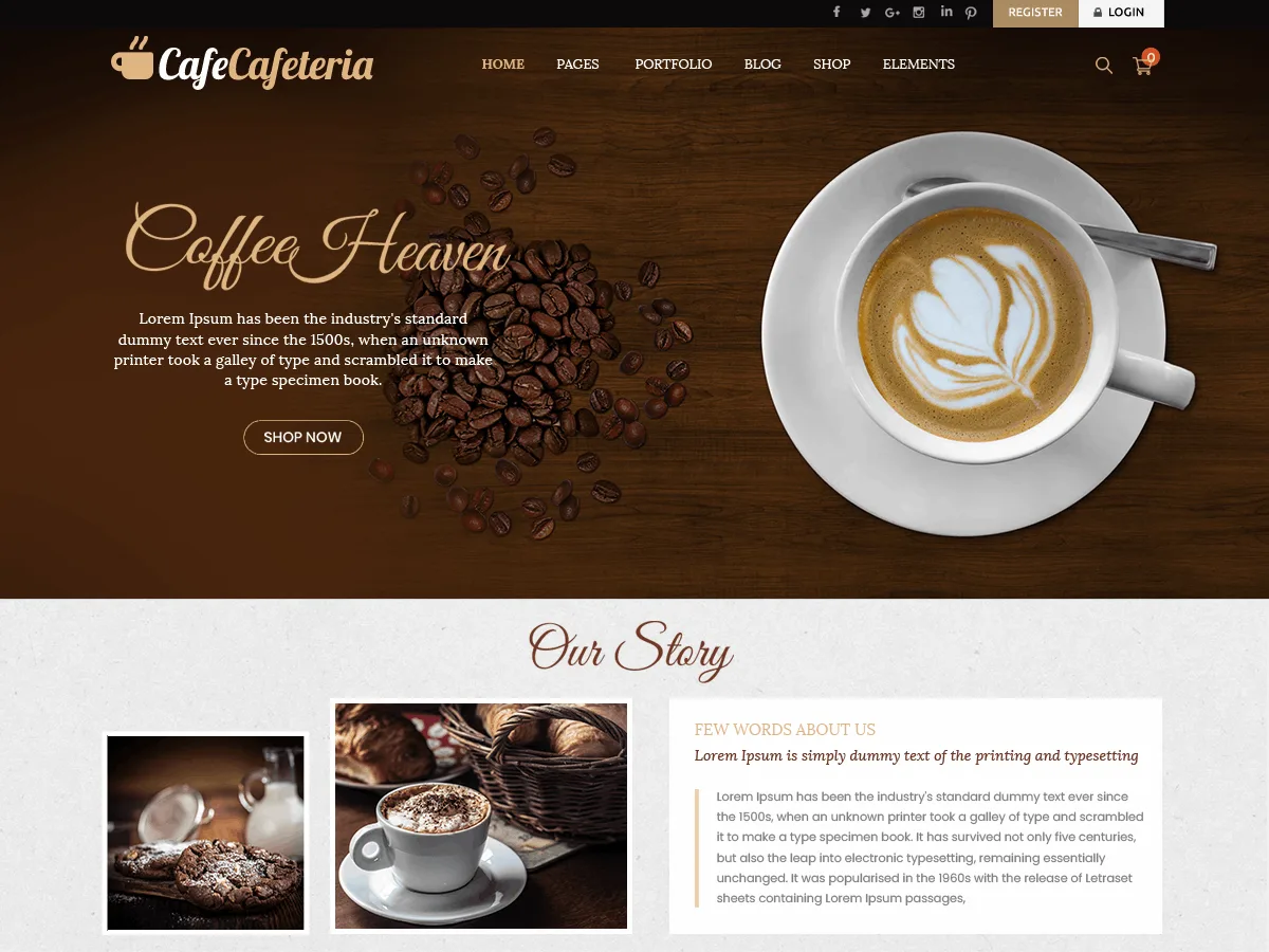 Cafe Cafeteria web sitesi teması önizlemesi